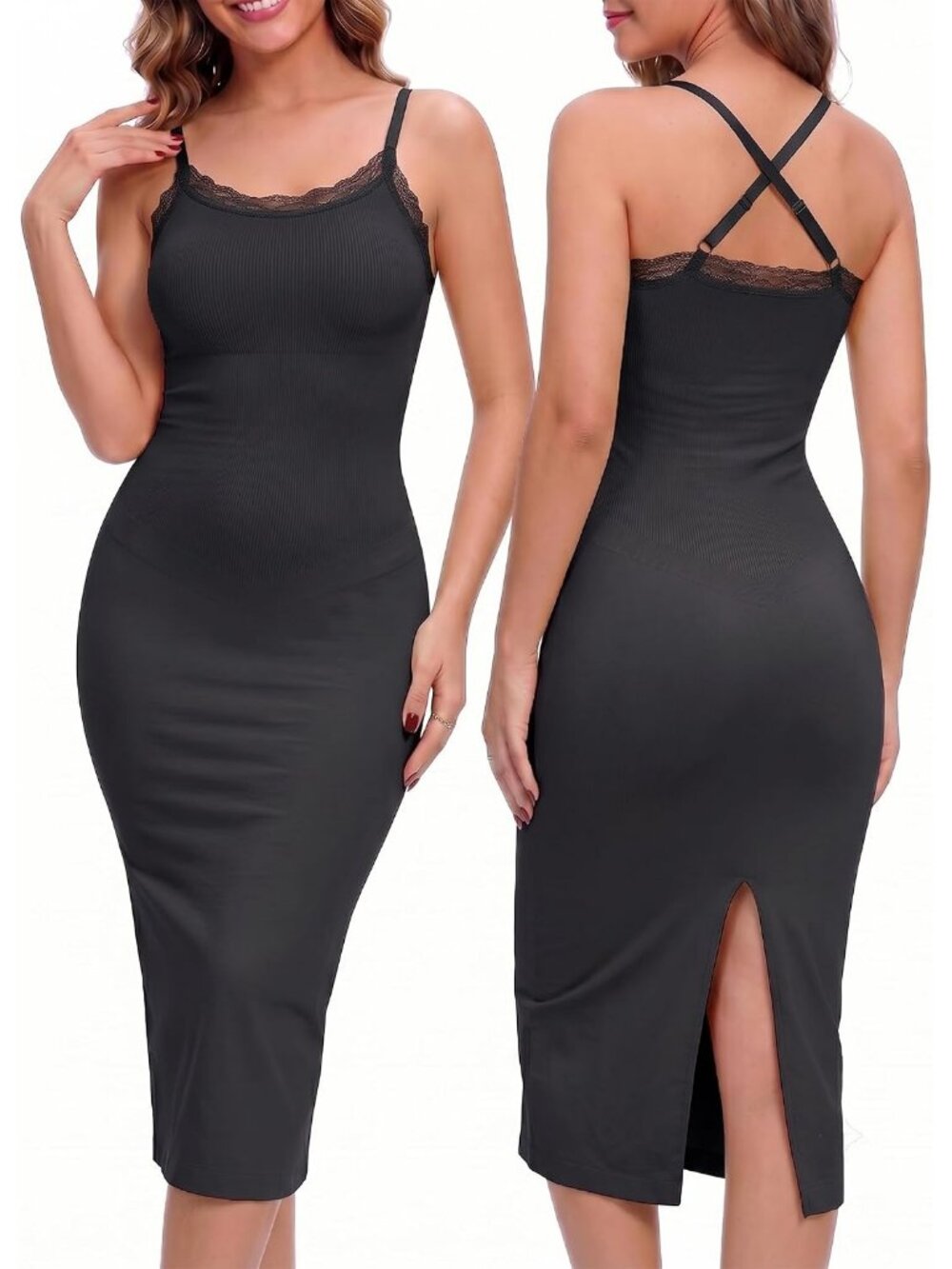 Women's Black Shapewear Dress Tummy Control Seamless Lace Trim Body Shaper